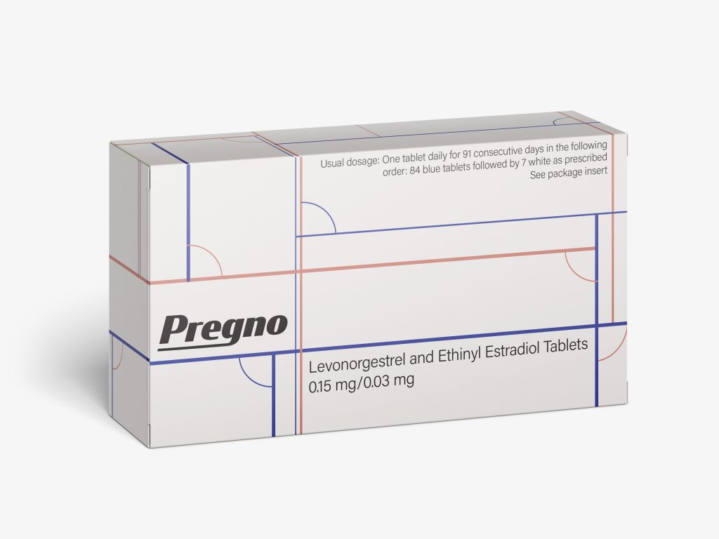 A mock up of a gender neutral birth control called "Pregno" with blue and pinkish red strips.