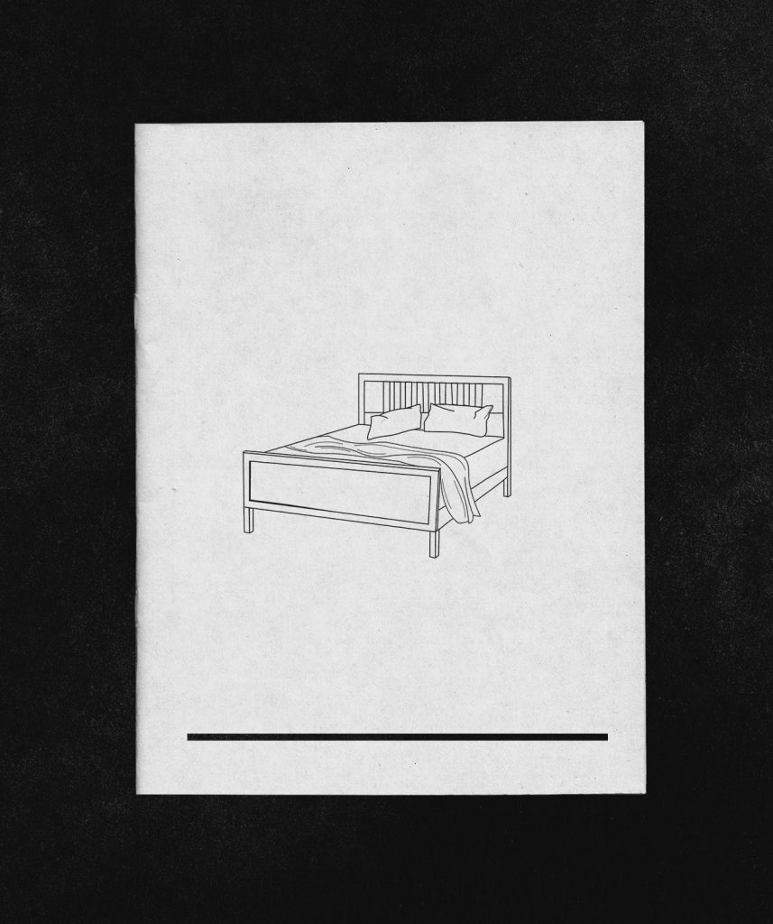 An illustration of an unmade bed on the back of a chapbook with a thick black line near the bottom